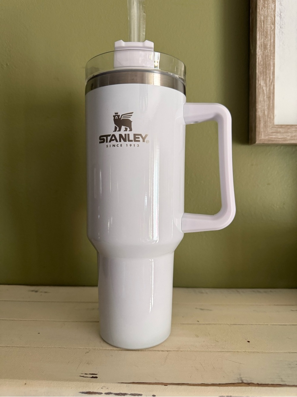 Stanley White Travel Tumbler with Handle and Clear Lid